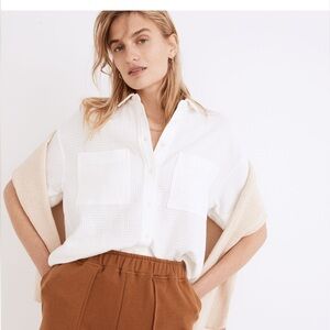 Madewell White Button-Down Shirt with Brown Trousers